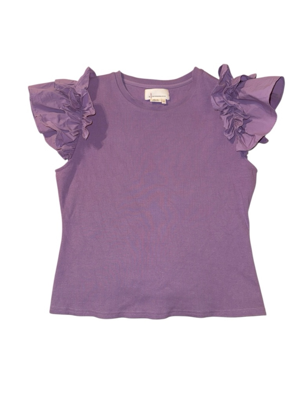 Anthropologie Lavender Ruffle Sleeve Top— Ribbed Knit Blouse Medium